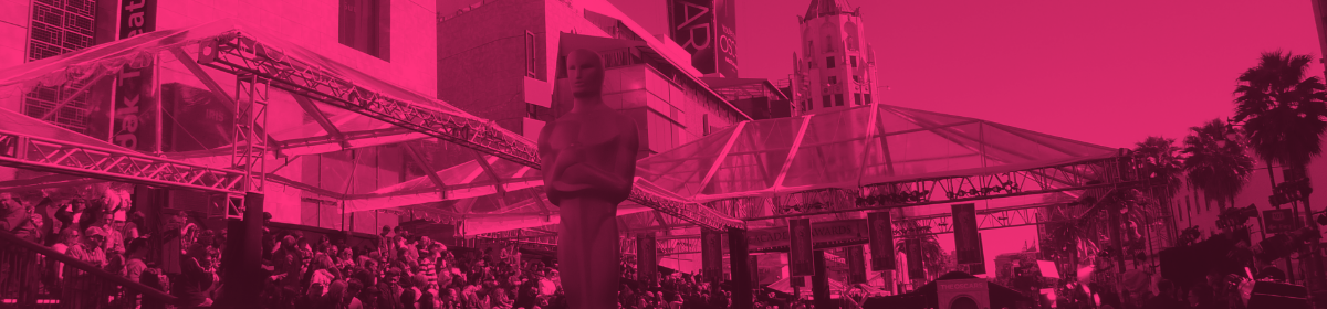 a wide shot of the Oscars Red Carpet arrivals area with pink overlay