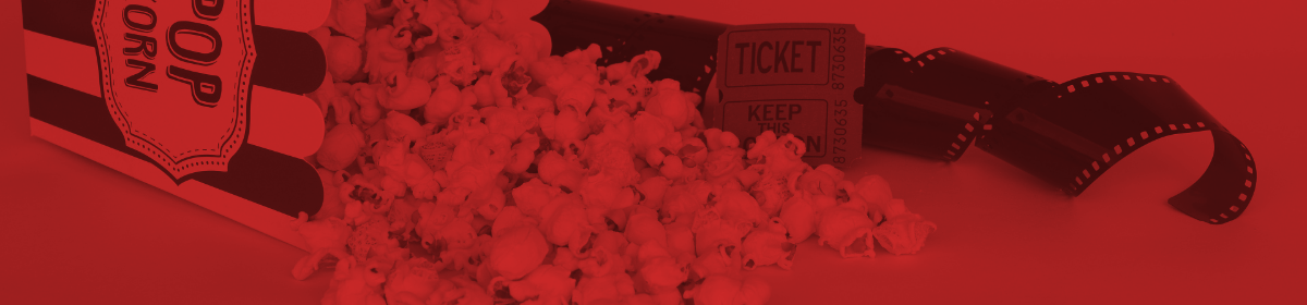 a movie reel and popcorn with red overlay